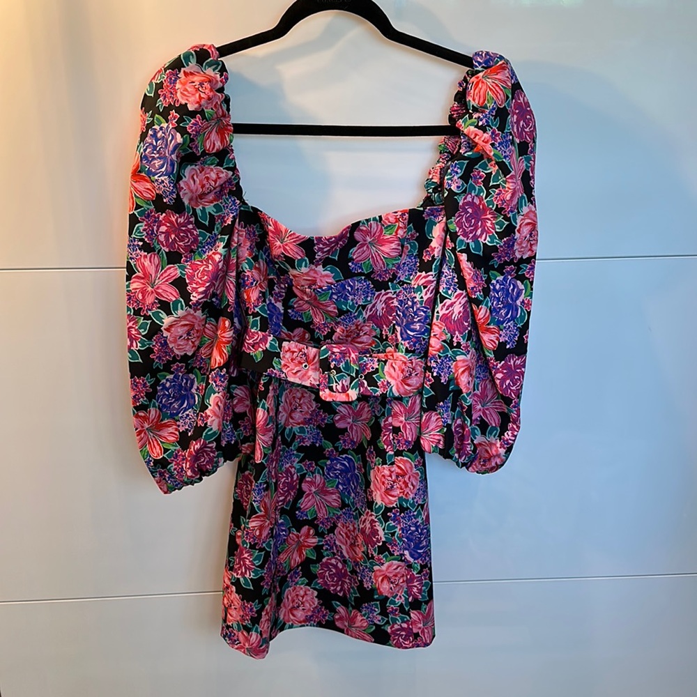 Zara floral puff sleeve belted mini dress
